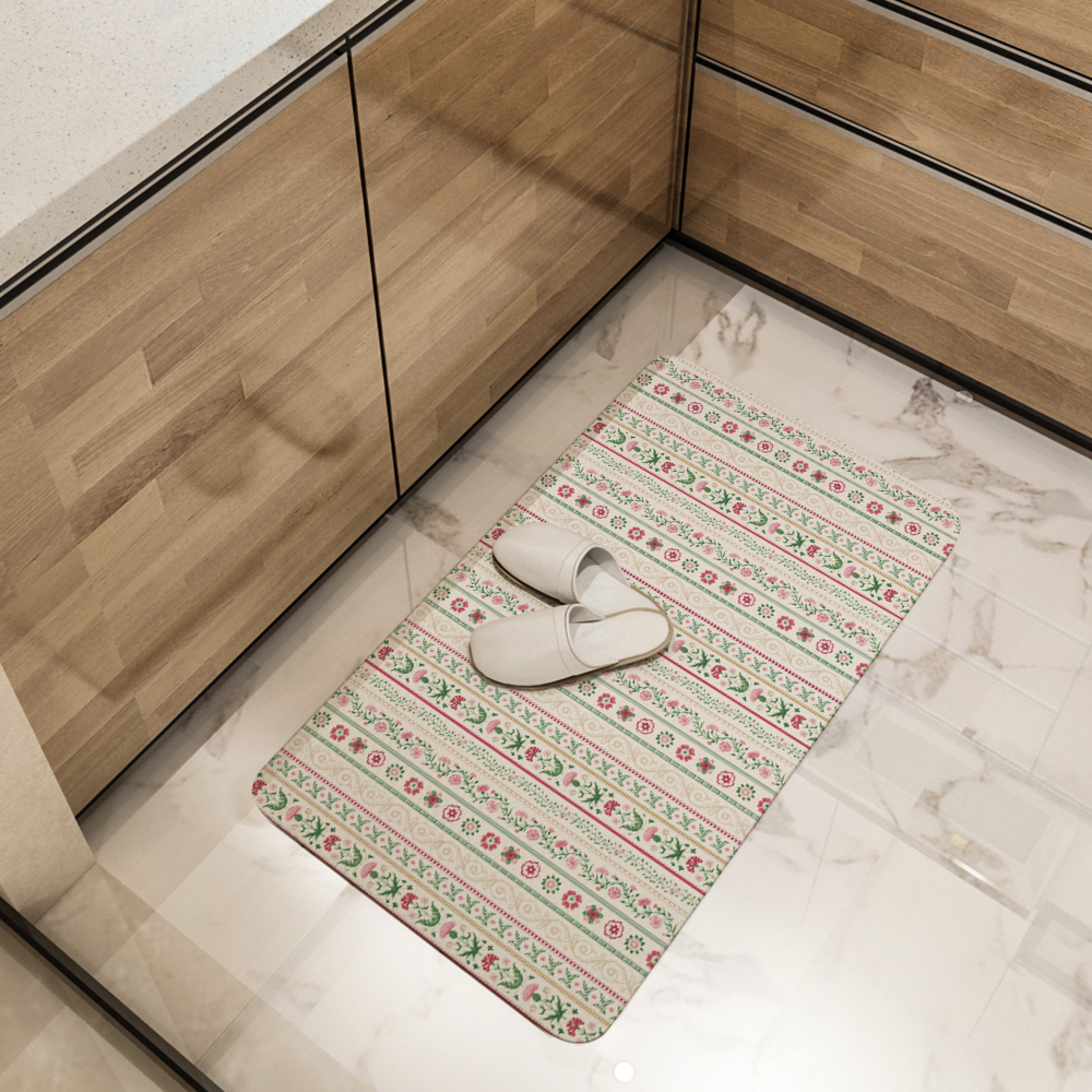 Kitchen Floor Mats – Pink Green Meadow Floral Stripe Print