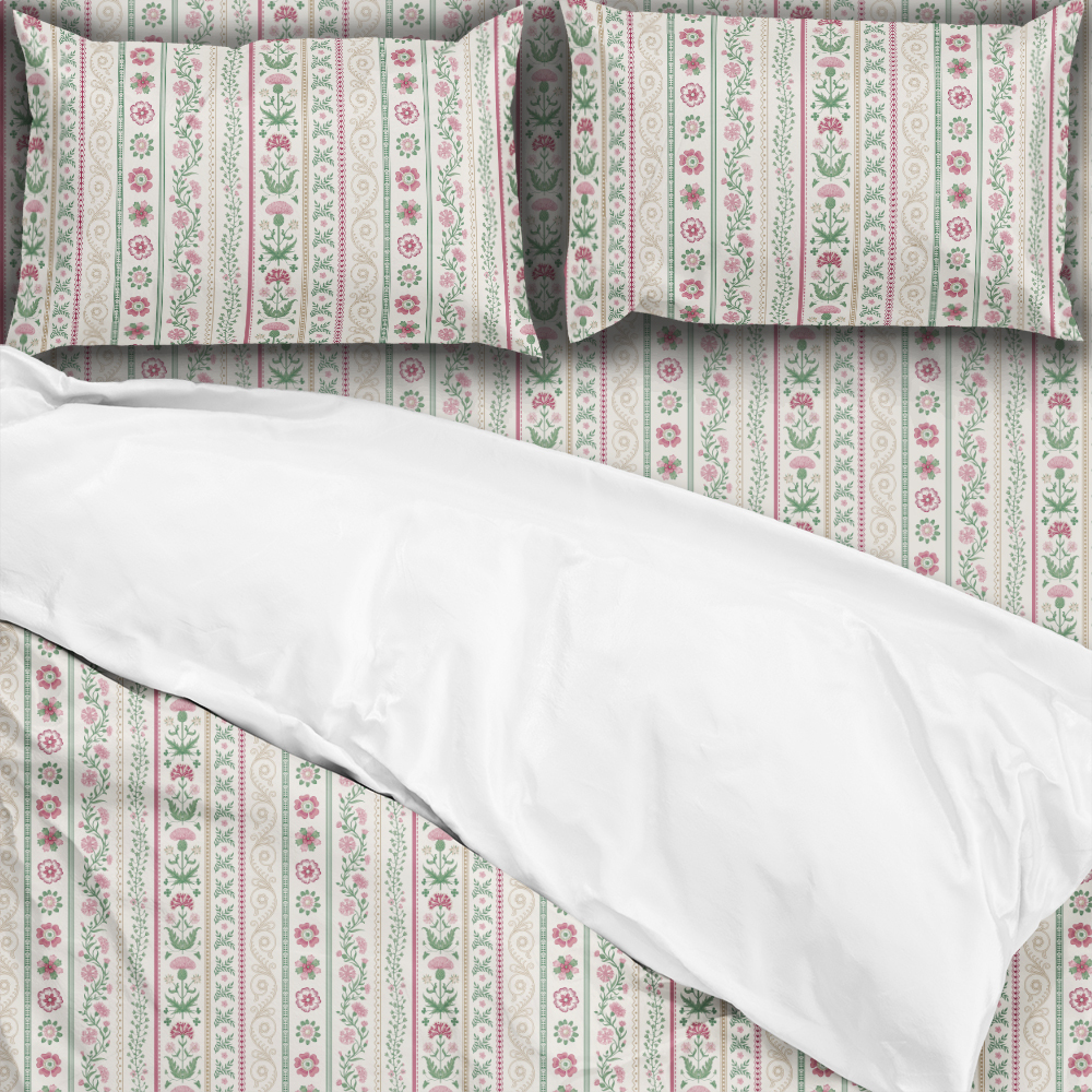 Bedding Set – Pink Green Meadow Floral Stripe Print