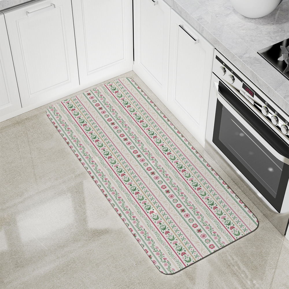 Kitchen Floor Mats – Pink Green Meadow Floral Stripe Print