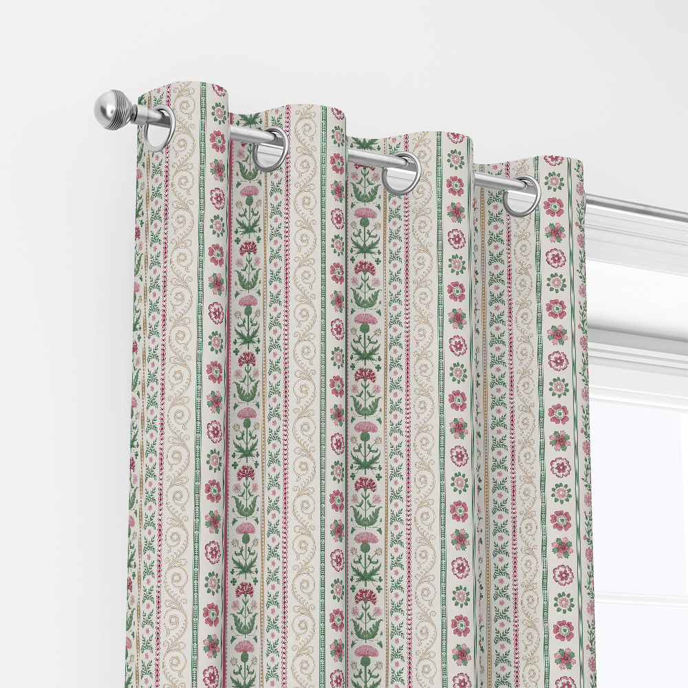 Curtain – Pink Green Meadow Floral Stripe Print