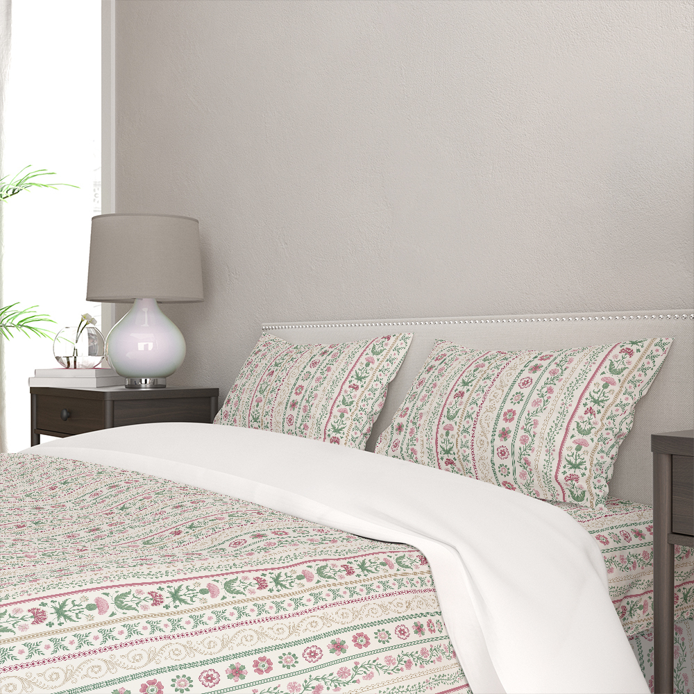 Bedding Set – Pink Green Meadow Floral Stripe Print