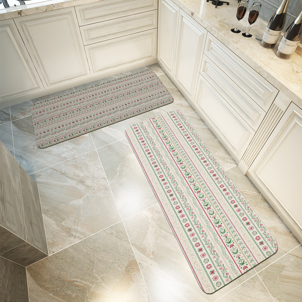 Kitchen Floor Mats – Pink Green Meadow Floral Stripe Print