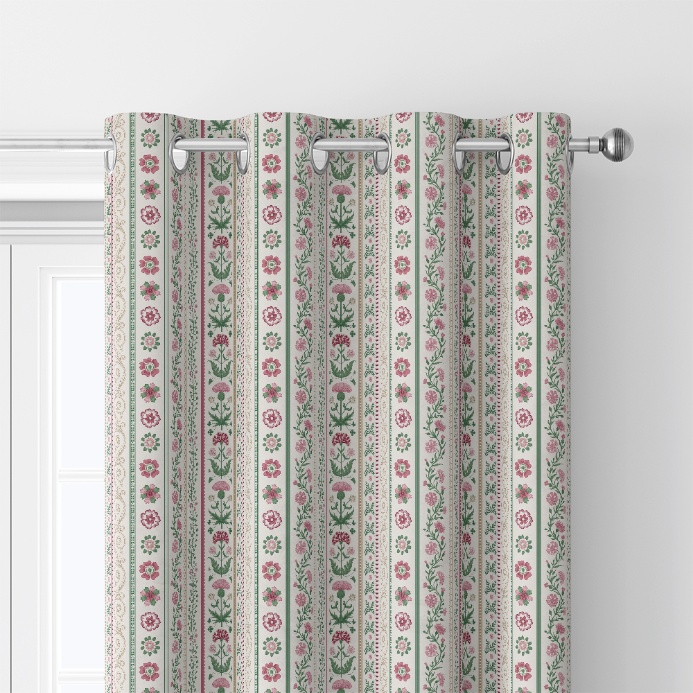 Curtain – Pink Green Meadow Floral Stripe Print
