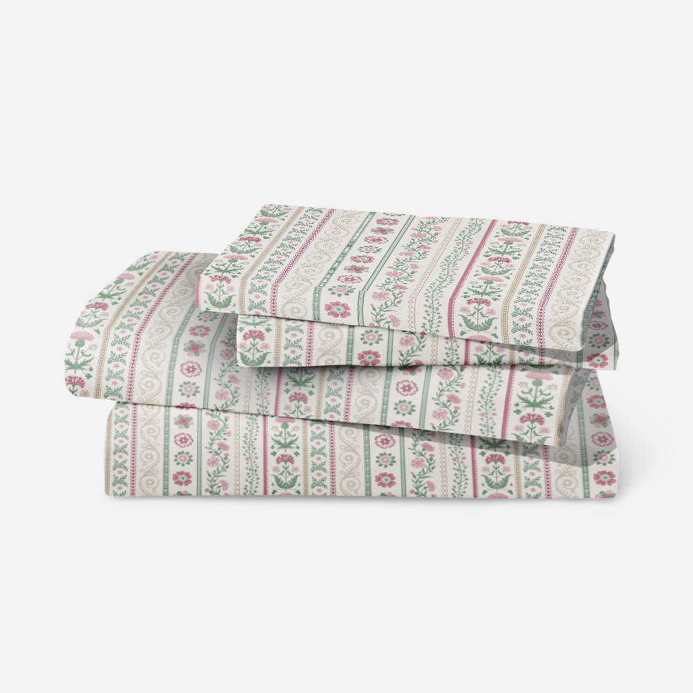 Bedding Set – Pink Green Meadow Floral Stripe Print