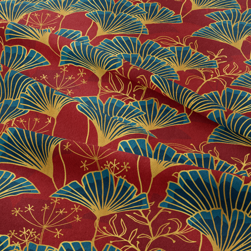 Blue Ginkgo Leaves with Gold Outline on Red Background – Custom Print Fabrics
