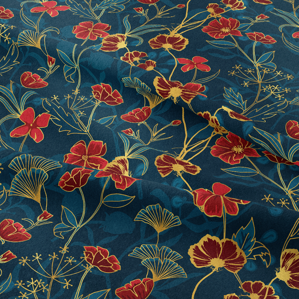 Vintage Liberty Floral Print with Ornamental Red Blue and Gold Botanical Flowers Seamless Pattern – Custom Print Fabrics