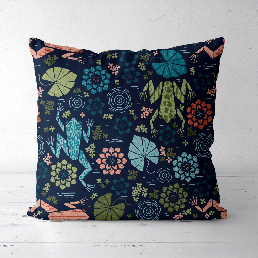 Throw Pillow – Colorful Pond Marsh Frog With Water Lily Flowers And Leaves