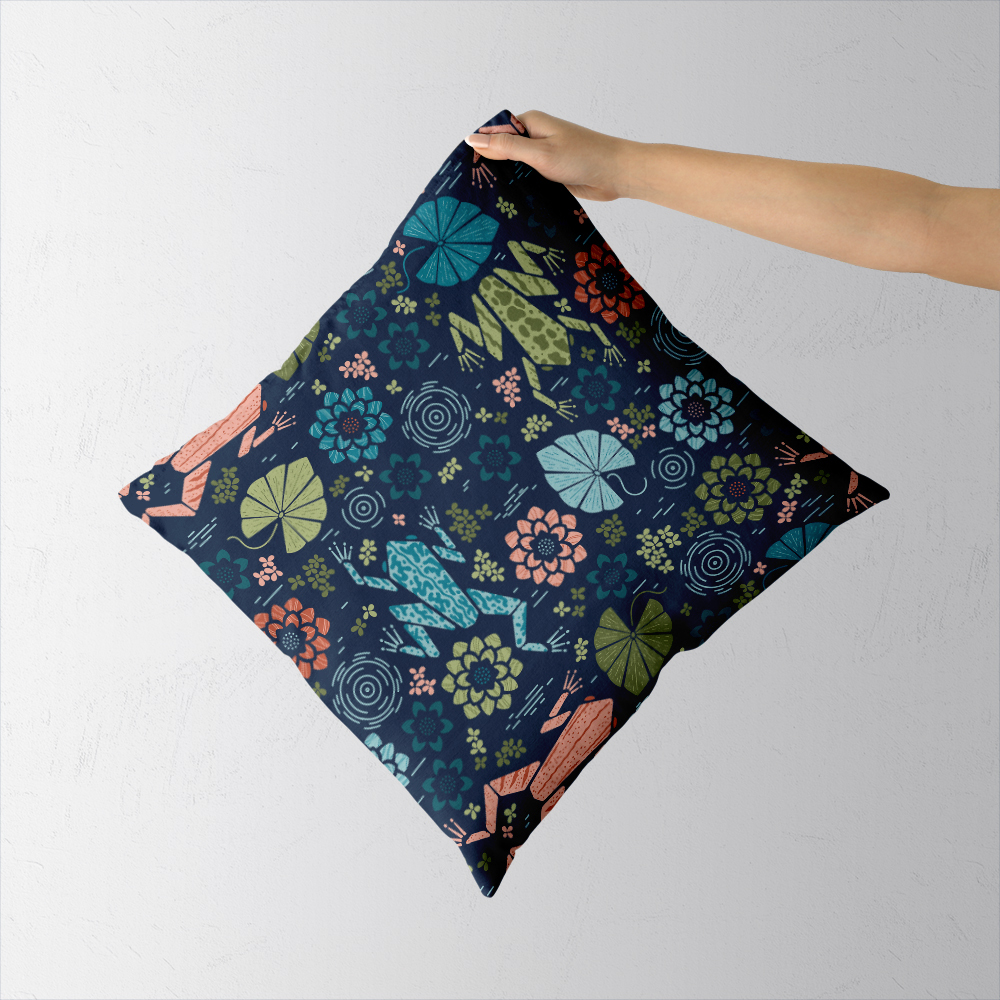 Throw Pillow – Colorful Pond Marsh Frog With Water Lily Flowers And Leaves