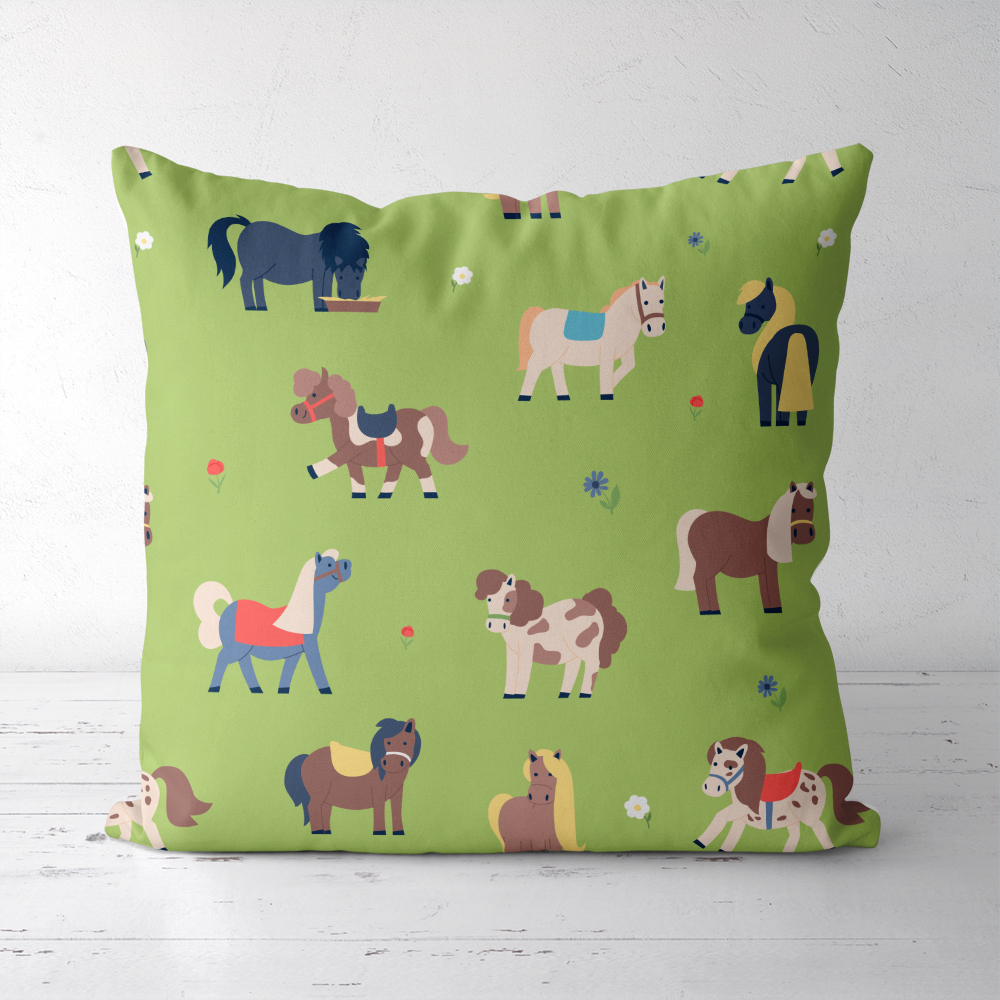 Throw Pillow – Funny Flat Pony On Green Meadow