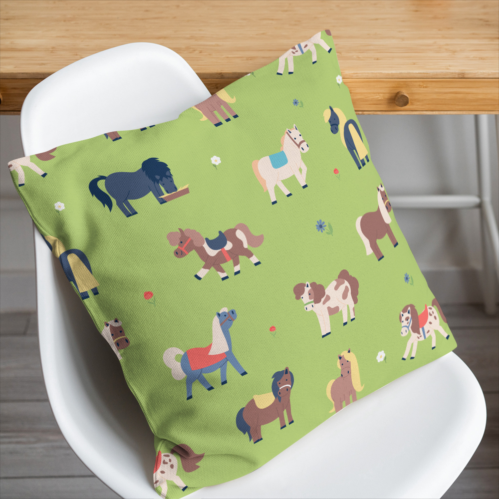 Throw Pillow – Funny Flat Pony On Green Meadow