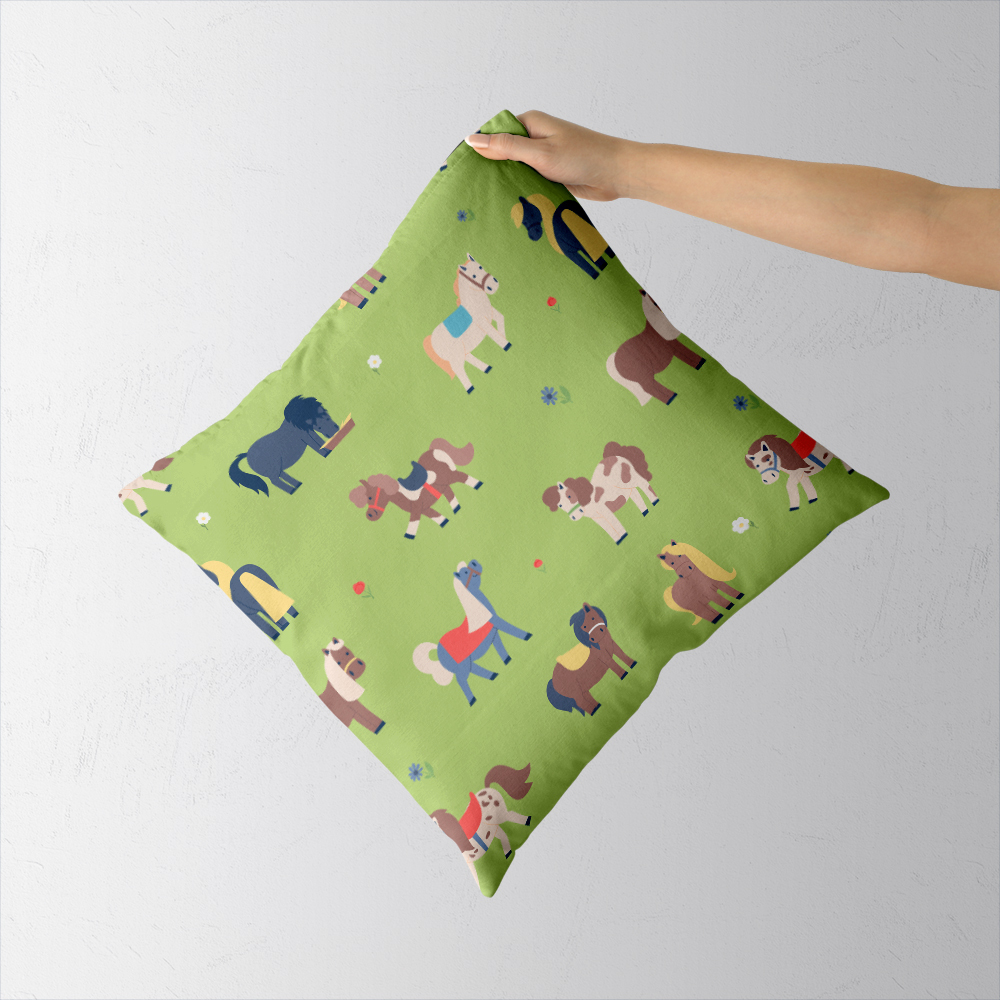 Throw Pillow – Funny Flat Pony On Green Meadow