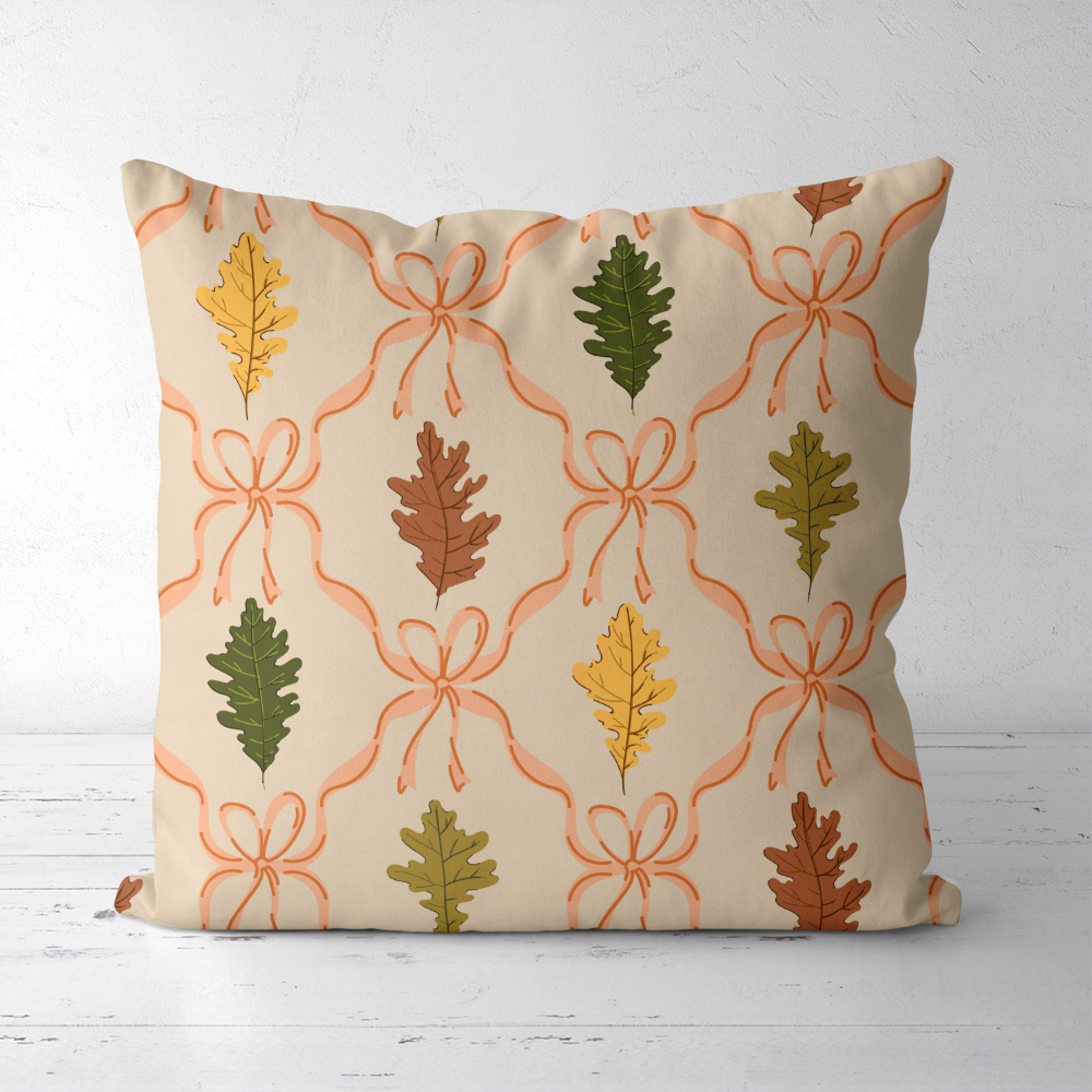 Throw Pillow – Autumn Oak Leaves & Coquette Bow