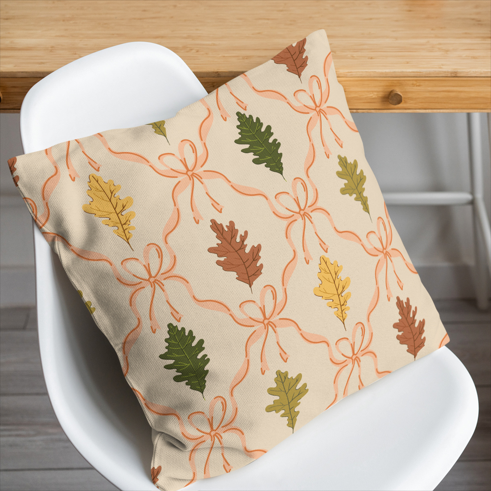 Throw Pillow – Autumn Oak Leaves & Coquette Bow