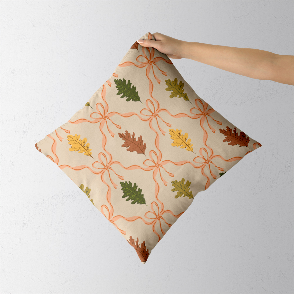 Throw Pillow – Autumn Oak Leaves & Coquette Bow
