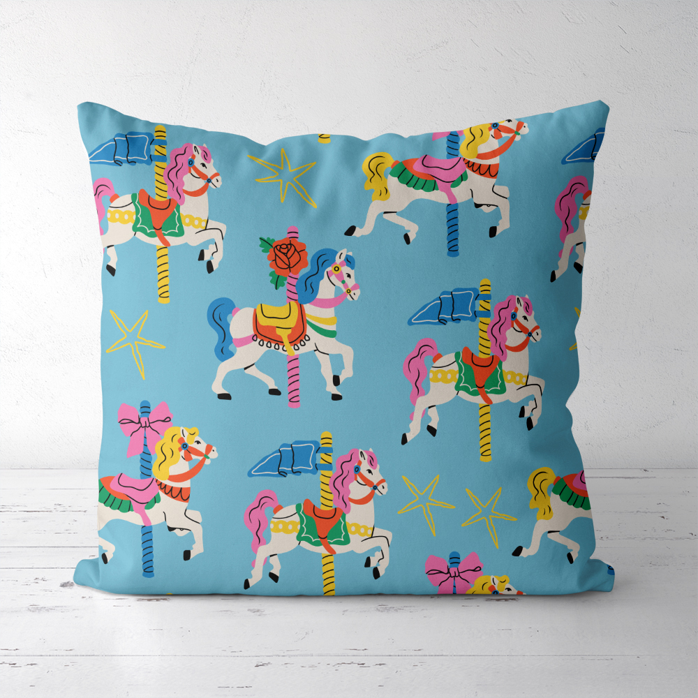 Throw Pillow – Hand drawn Colorful Carousel Horses
