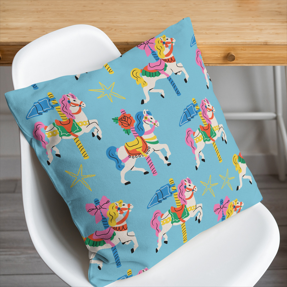 Throw Pillow – Hand drawn Colorful Carousel Horses