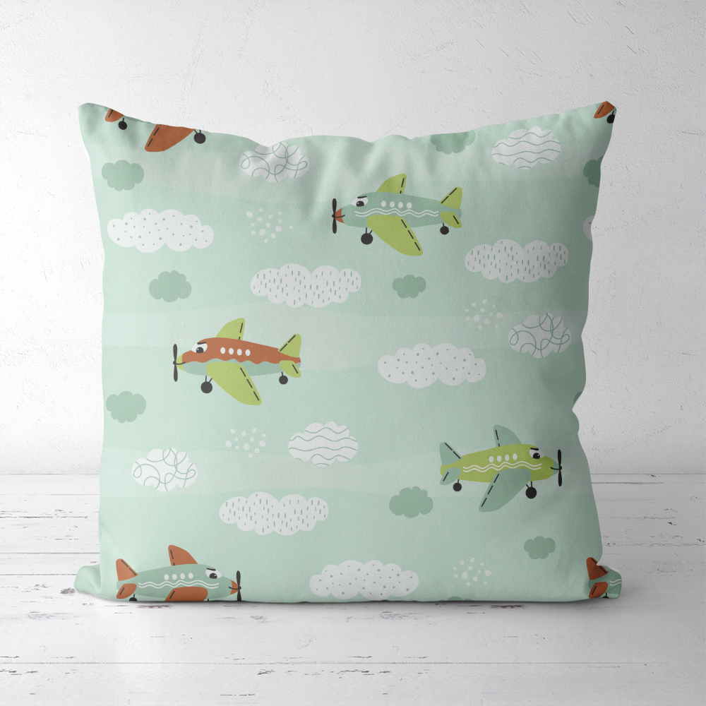 Throw Pillow – Cute Cartoon Airplanes & Clouds Pattern