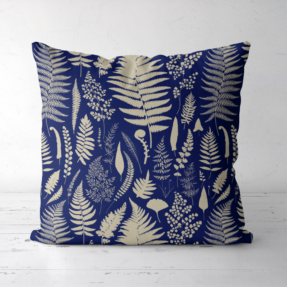 Throw Pillow – Vintage Blue Ferns Botanical Pattern