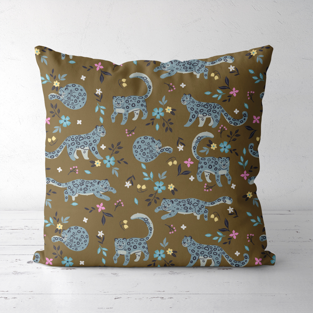 Throw Pillow – Snow Leopard & Floral Pattern