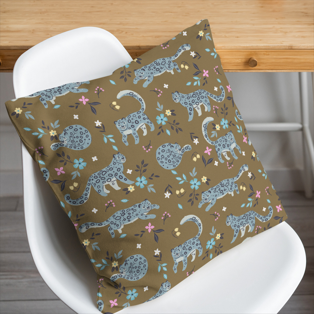Throw Pillow – Snow Leopard & Floral Pattern