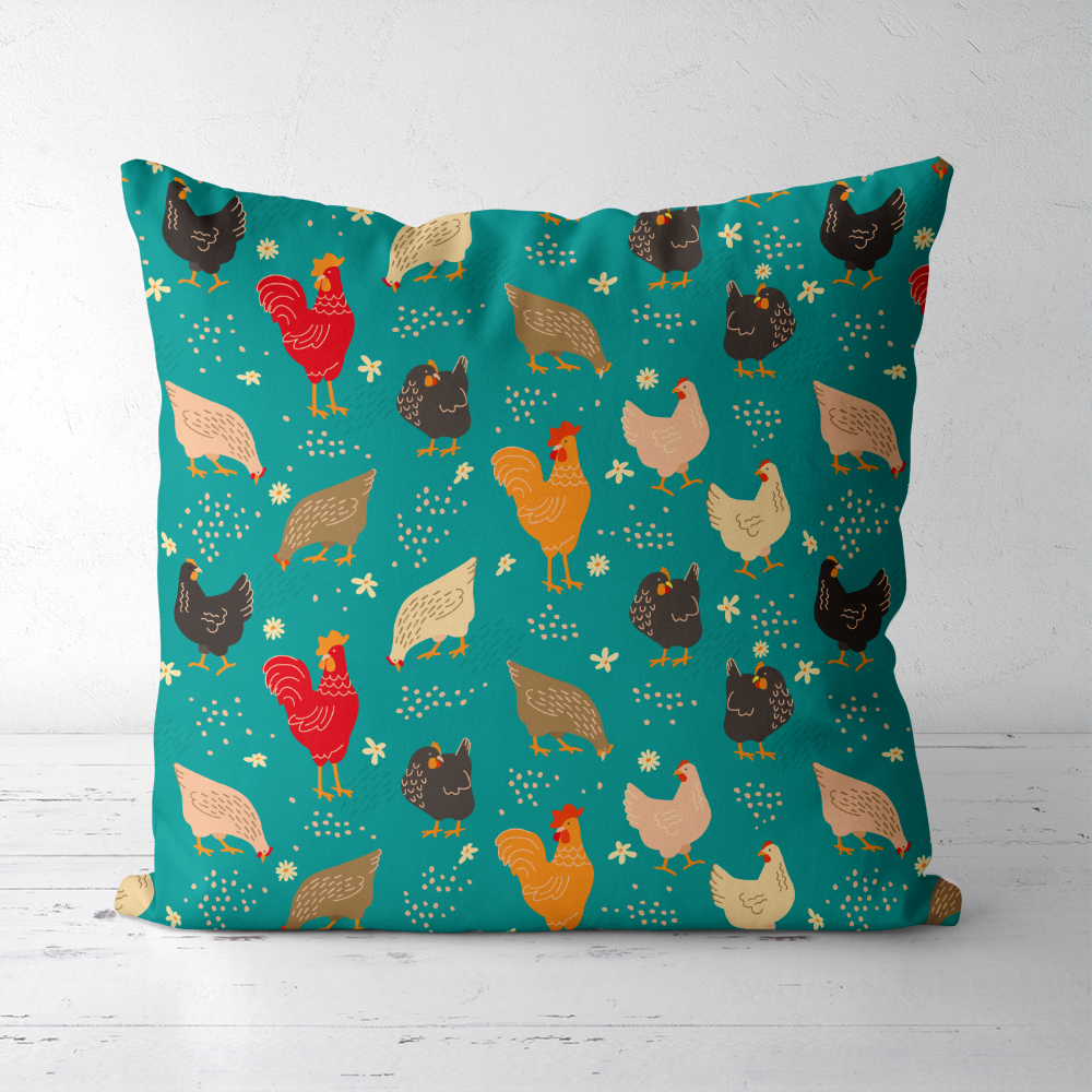 Throw Pillow – Funny Cartoon Hens Rooster With Spring Flowers