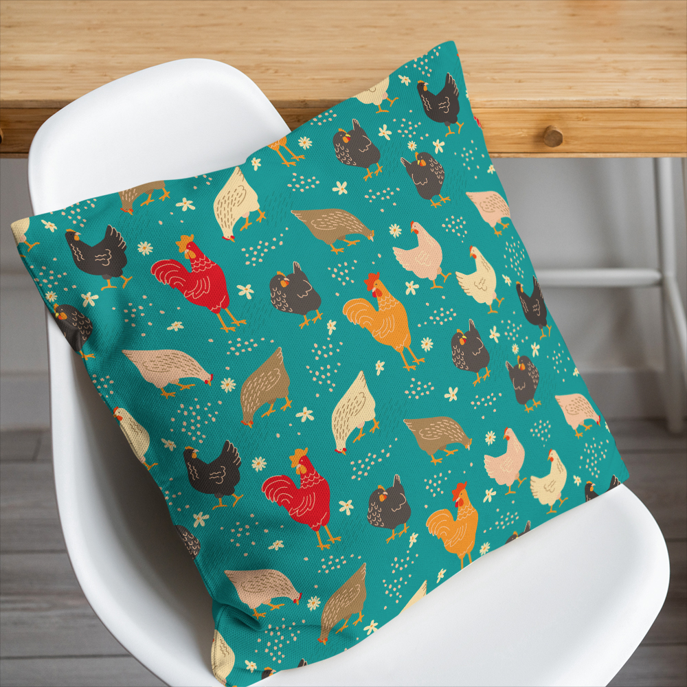 Throw Pillow – Funny Cartoon Hens Rooster With Spring Flowers