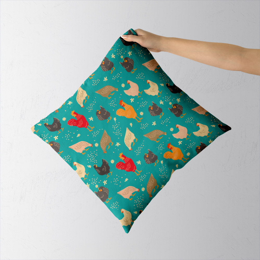 Throw Pillow – Funny Cartoon Hens Rooster With Spring Flowers