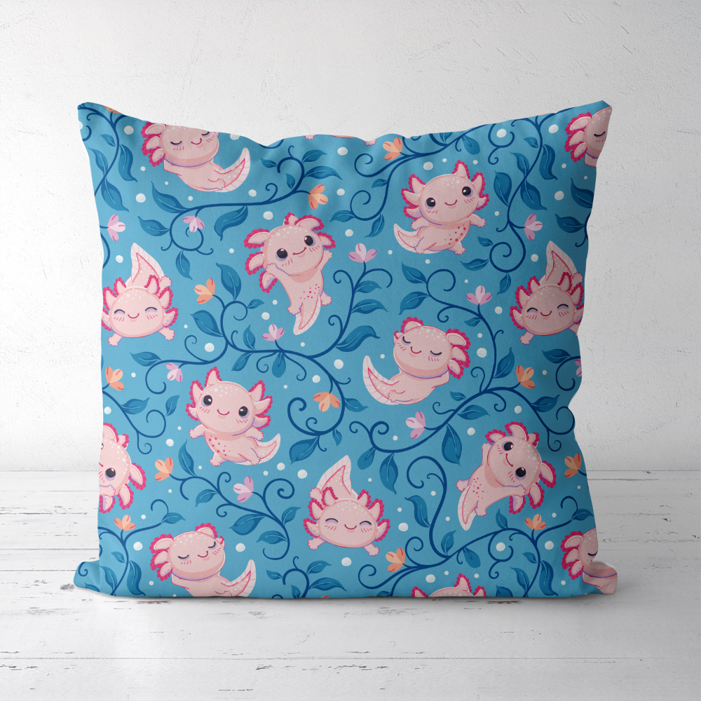 Throw Pillow – Cute Happy Baby Axolotls And Algae