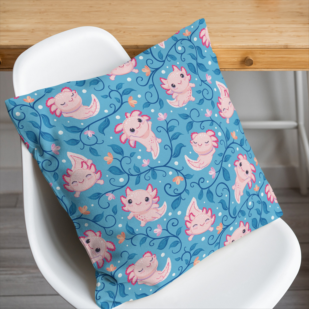 Throw Pillow – Cute Happy Baby Axolotls And Algae