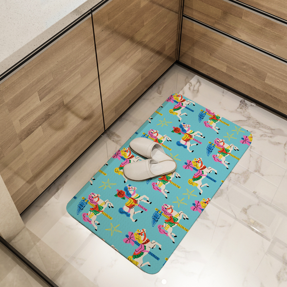 Kitchen Floor Mats – Hand drawn Colorful Carousel Horses