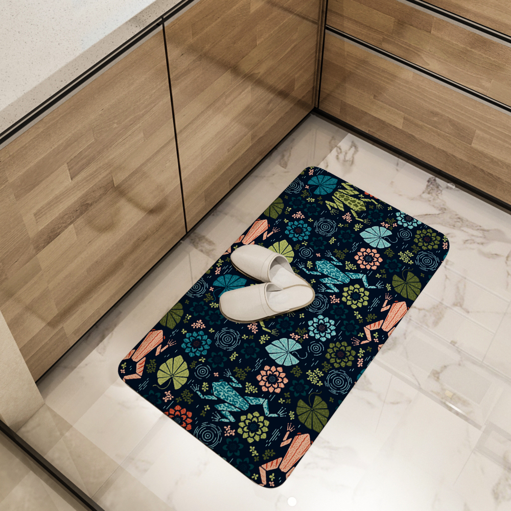 Kitchen Floor Mats – Colorful Pond Marsh Frog With Water Lily Flowers And Leaves