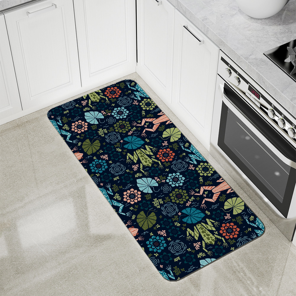 Kitchen Floor Mats – Colorful Pond Marsh Frog With Water Lily Flowers And Leaves