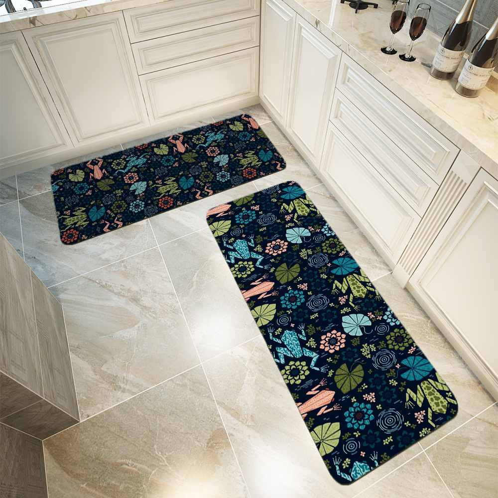Kitchen Floor Mats – Colorful Pond Marsh Frog With Water Lily Flowers And Leaves