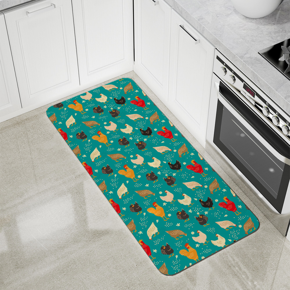 Kitchen Floor Mats – Funny Cartoon Hens Rooster With Spring Flowers
