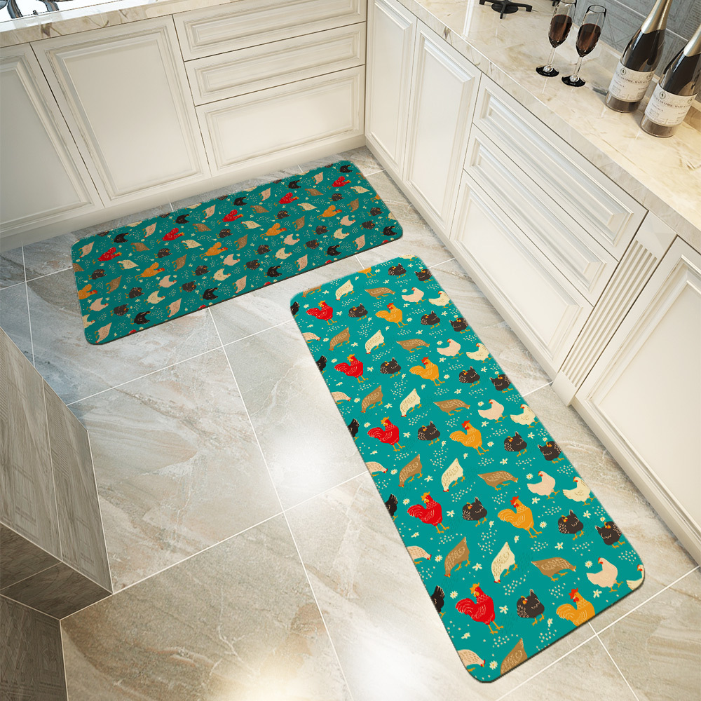 Kitchen Floor Mats – Funny Cartoon Hens Rooster With Spring Flowers