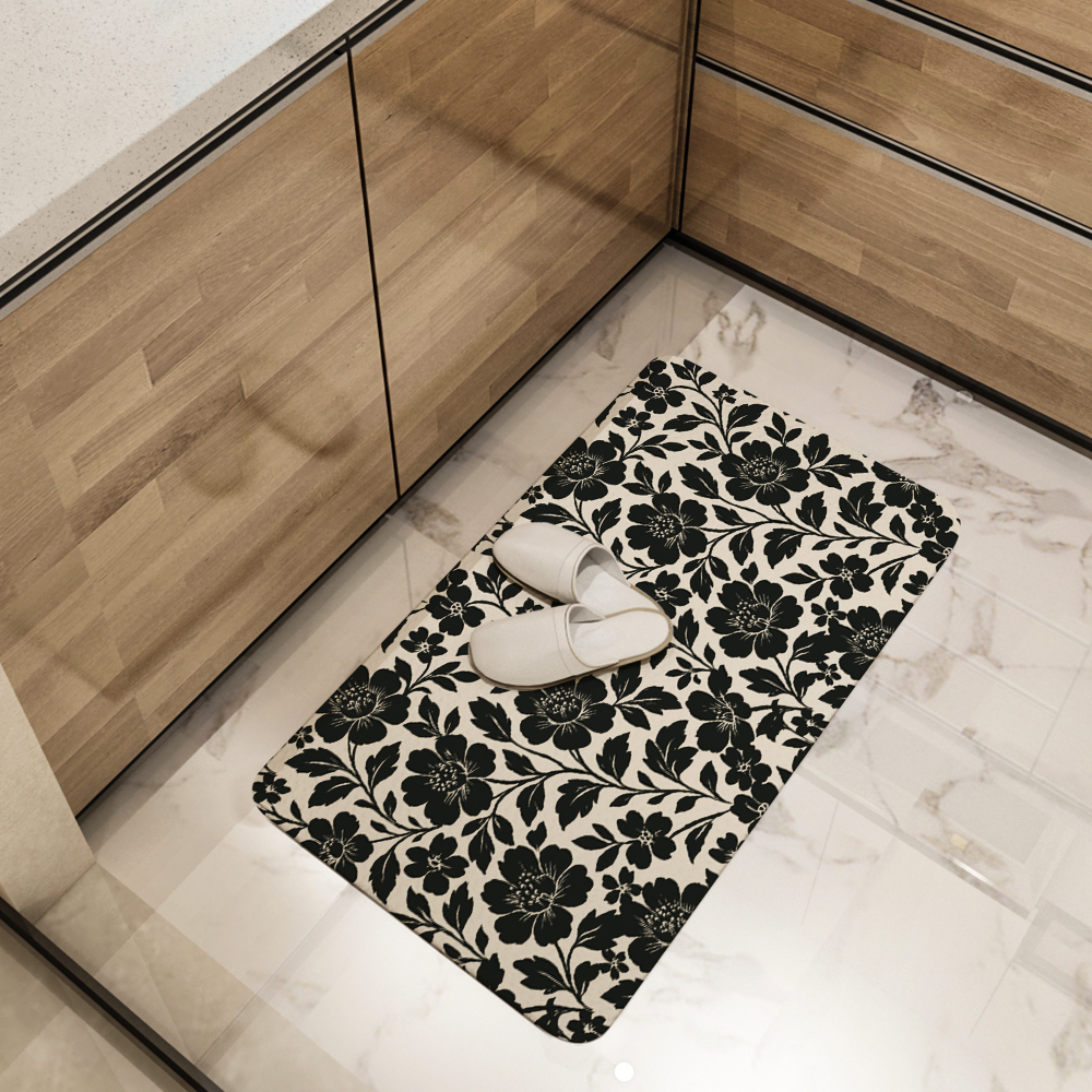 Kitchen Floor Mats – Vintage Elegant Botanical Black Floral