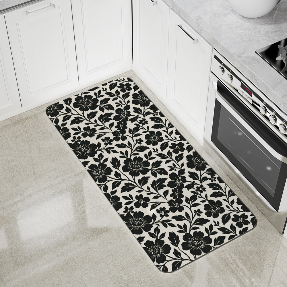 Kitchen Floor Mats – Vintage Elegant Botanical Black Floral