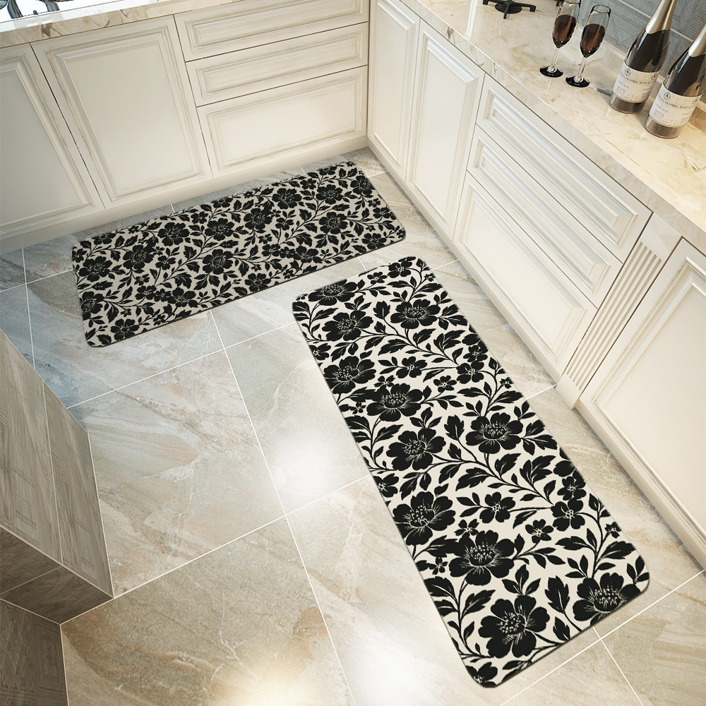 Kitchen Floor Mats – Vintage Elegant Botanical Black Floral