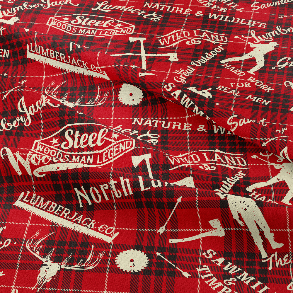 Lumberjack and woodsman symbols plaid background Seamless Pattern - Custom Fabric Print Choice