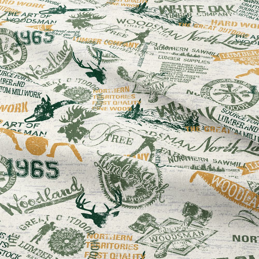 Lumberjack Woodsman Badge Symbols and Silhouettes Seamless Pattern - Custom Fabric Design Solutions