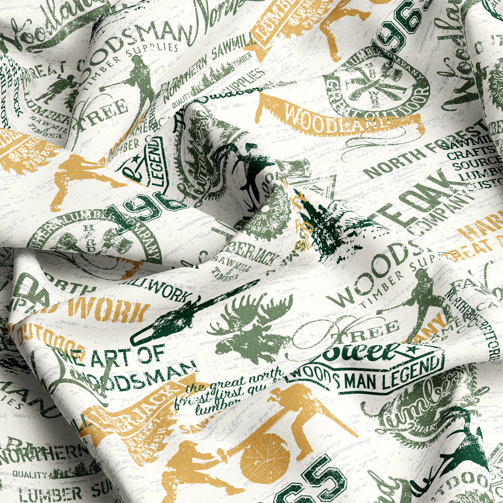 Lumberjack Woodsman Badge Symbols and Silhouettes Seamless Pattern - Custom Fabric Design Solutions