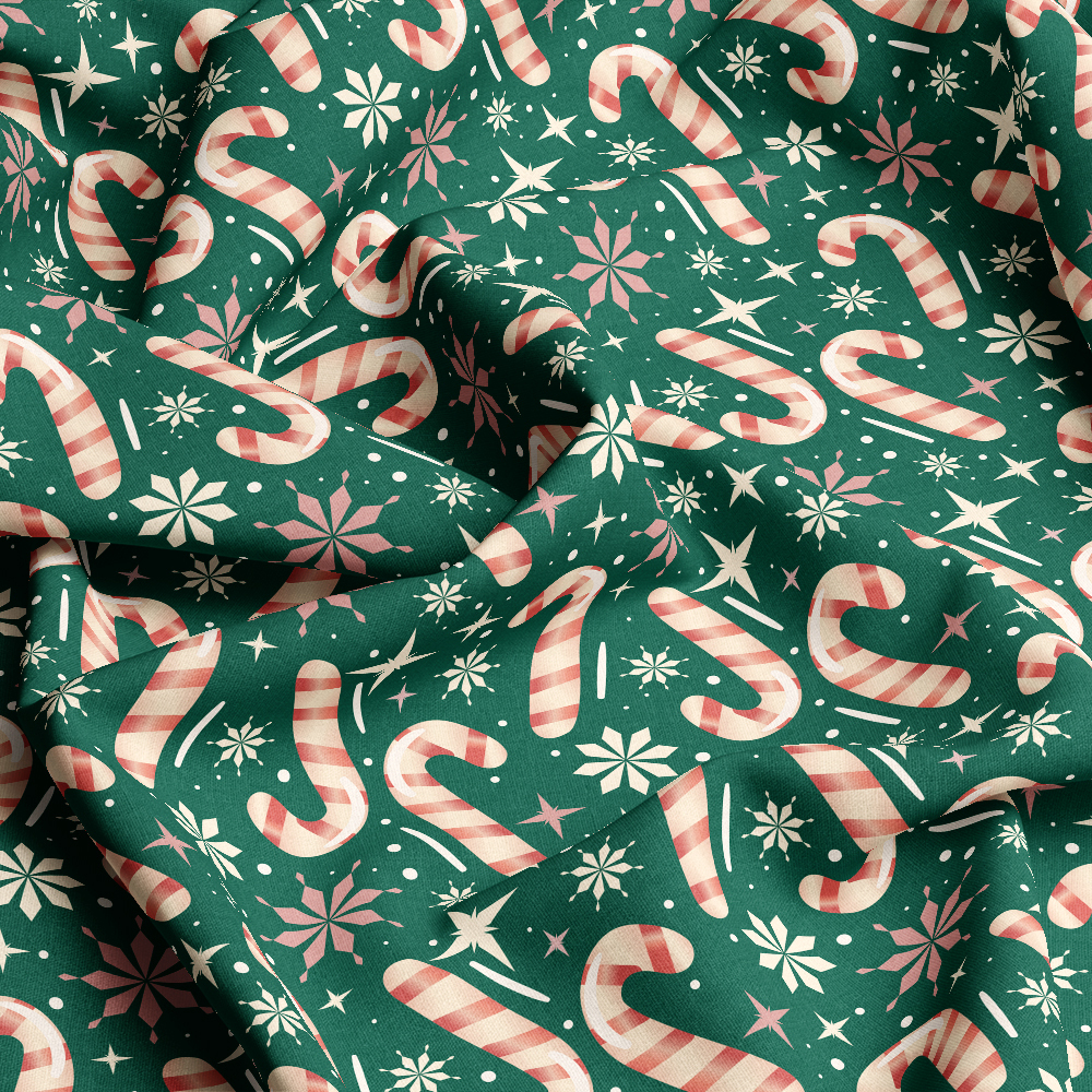Christmas Candy Cane on Green Background Seamless Pattern - Custom Print Fabrics
