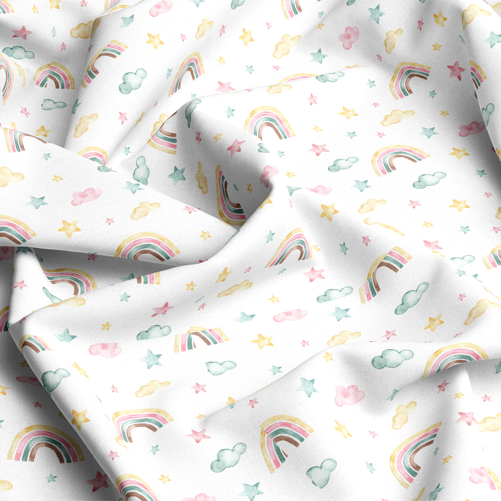 Watercolor Rainbow Clouds Stars Seamless Pattern Fabric - Personalized Fabric Prints