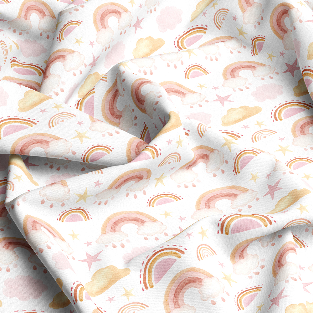 Cute Seamless Watercolor Pattern with Rainbow Clouds Stars Fabric - Customizable Fabric Print