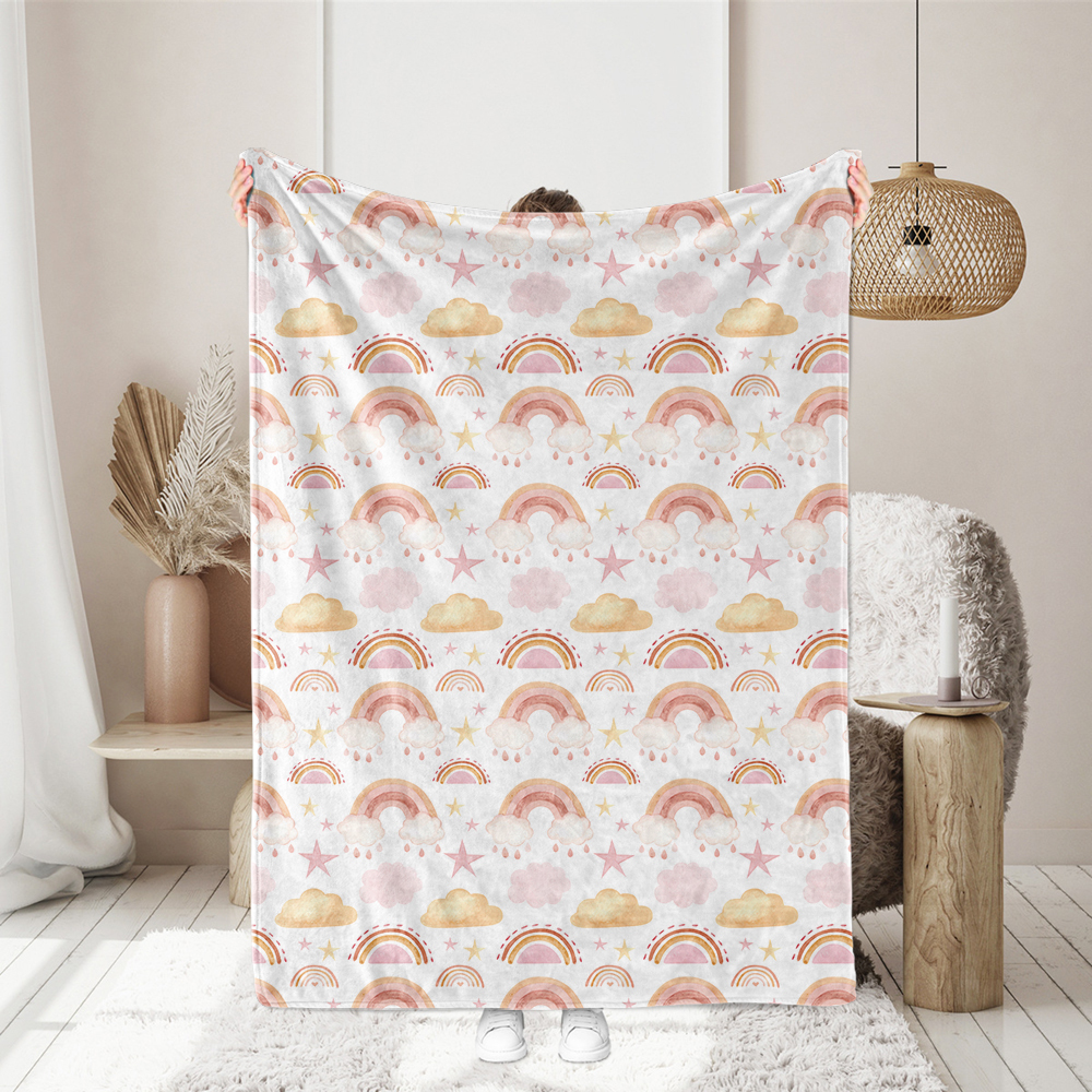 Cute Seamless Watercolor Pattern with Rainbow Clouds Stars Fabric - Customizable Fabric Print