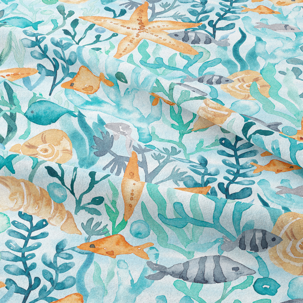 Light Mint Marine Fabric | Pastel Watercolor Sea Life Print