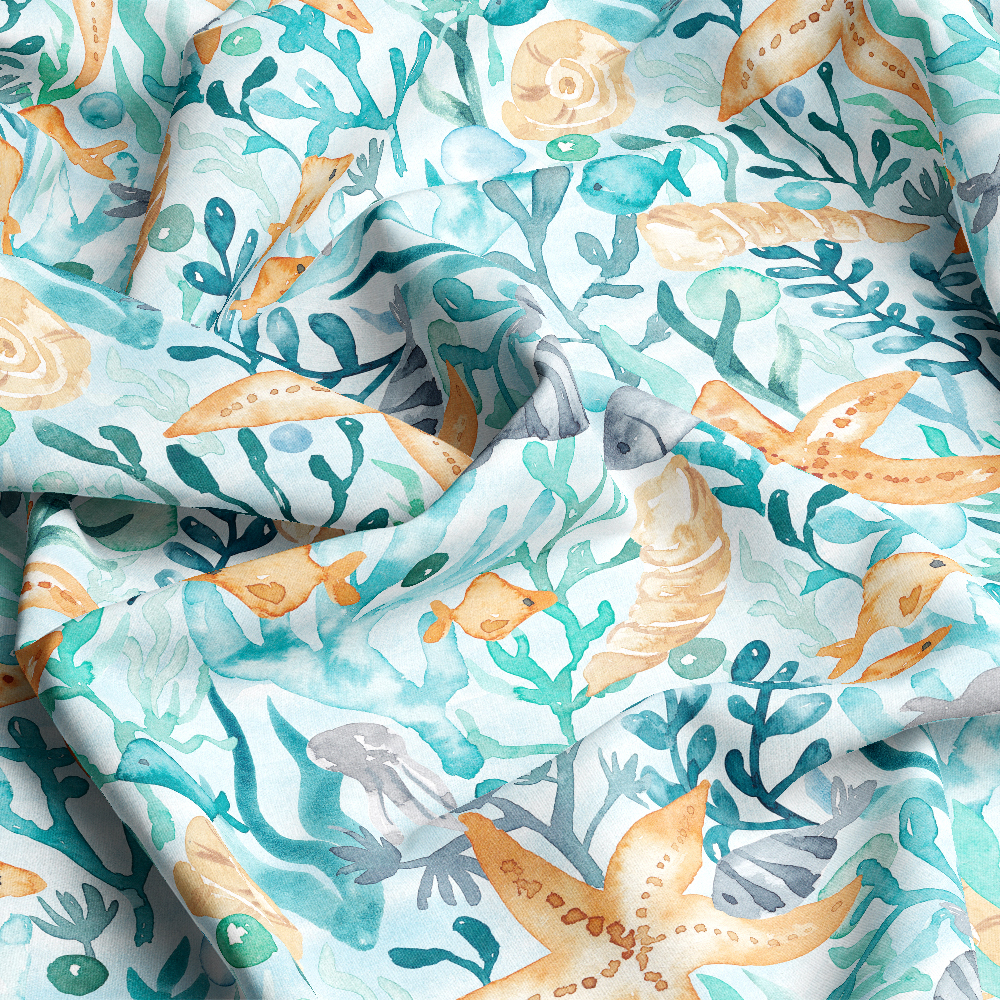 Light Mint Marine Fabric | Pastel Watercolor Sea Life Print