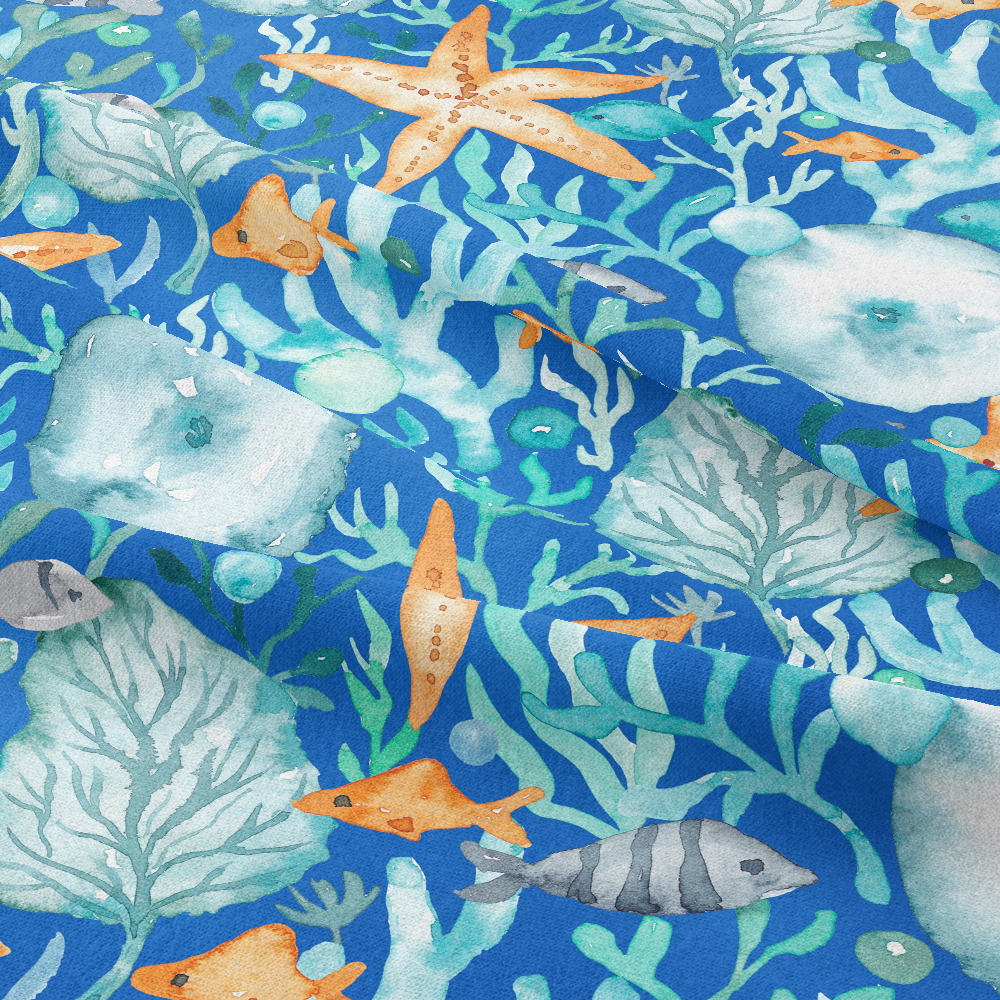 Watercolor Nautical Marine Fabric | Blue Ocean Life Print