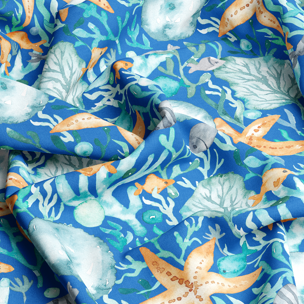 Watercolor Nautical Marine Fabric | Blue Ocean Life Print