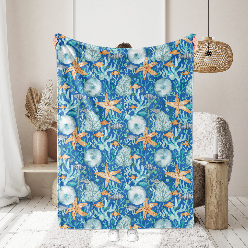 Watercolor Nautical Marine Fabric | Blue Ocean Life Print
